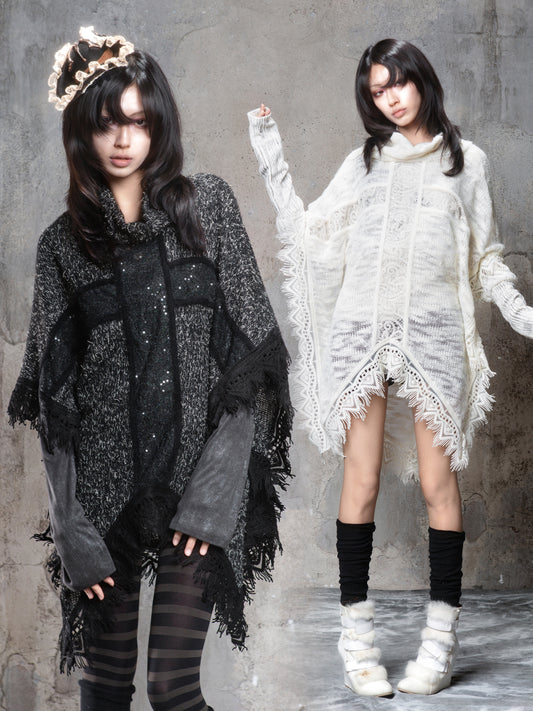Punk Cross Cape Asymmetric Fringe Knit Sweater NA8355