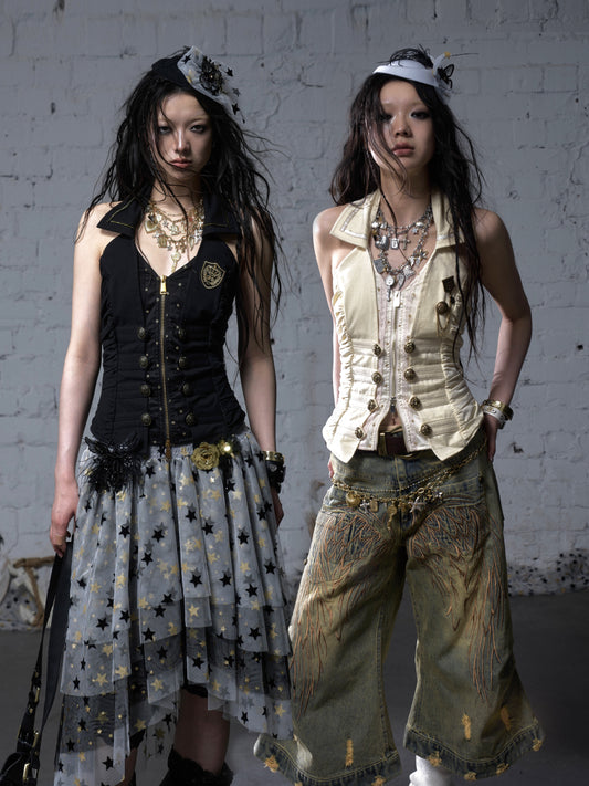 V-Neck Fake Layered Waist-Fit Tank Top NA8973