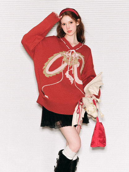 Bow Dragon Design Oversize Knit Sweater NA5919