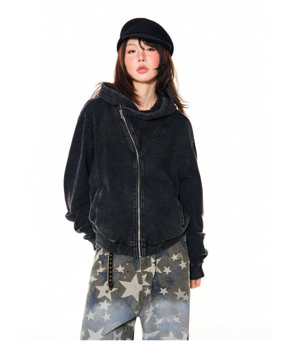 Asymmetrical Zipper Oversize Hooded Jacket NA9389