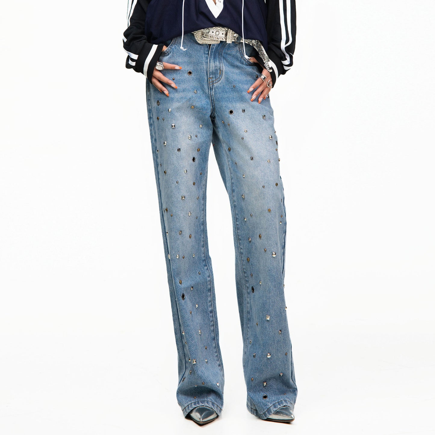 Washed Wide Leg Studded Denim Jeans NA8369