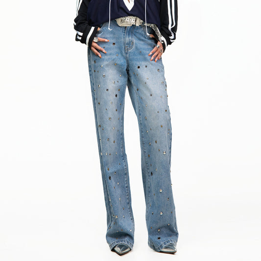 Washed Wide Leg Studded Denim Jeans NA8369