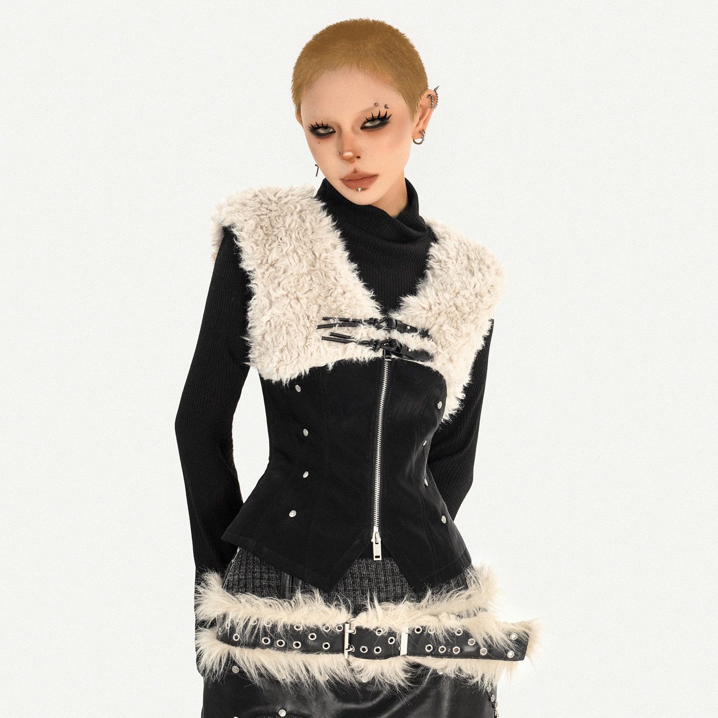 Fake Fur Patchwork V-Neck Slim PU Leather Vest & Ribbed High-Neck Knit Sweater NA8629