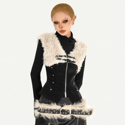 Fake Fur Patchwork V-Neck Slim PU Leather Vest & Ribbed High-Neck Knit Sweater NA8629