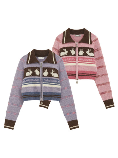 Striped Bunny Double Open Zipper Polo Knit Cardigan NA5760