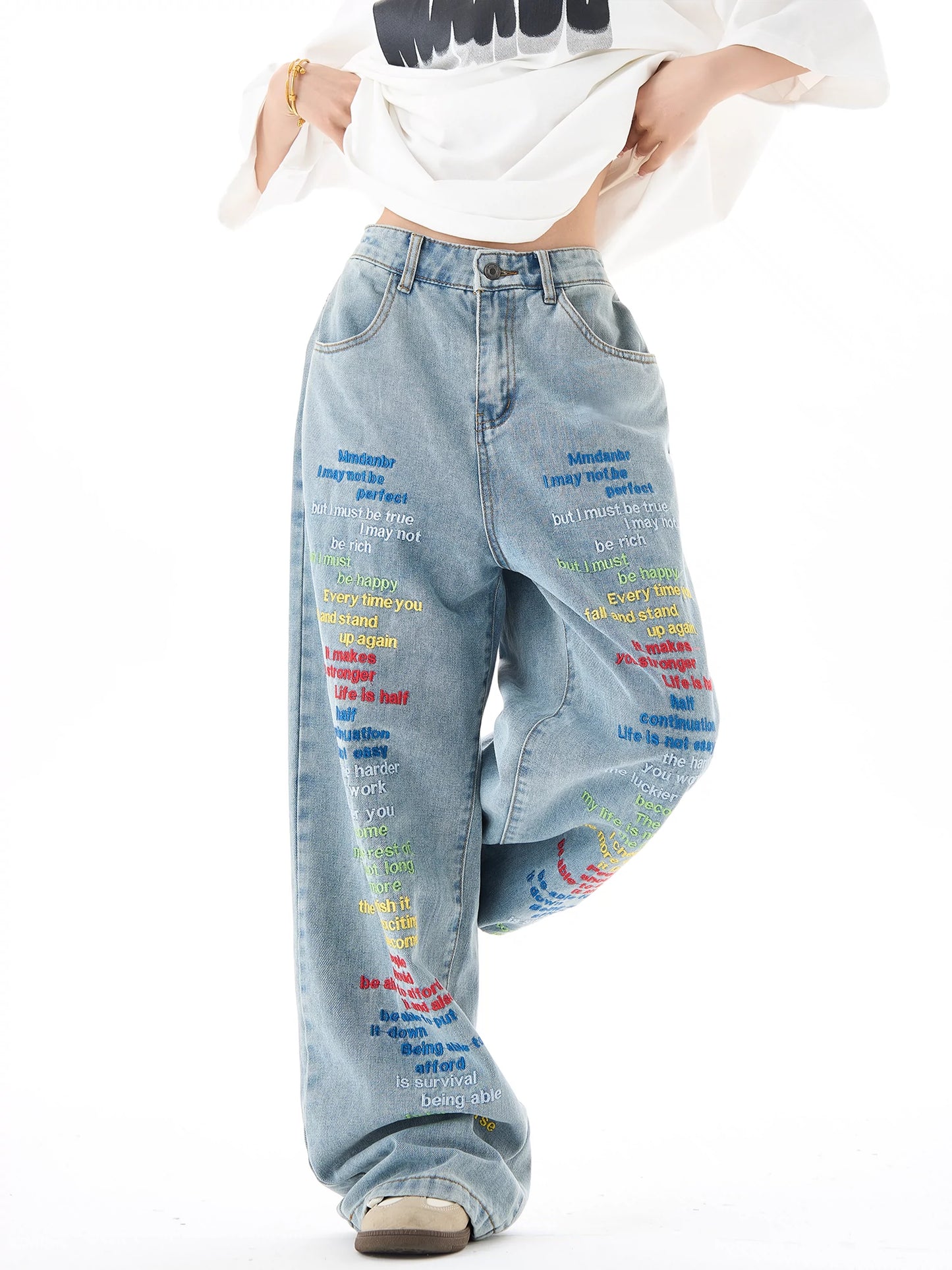 Embroidery Wide-Leg Straight Denim Jeans NA3042