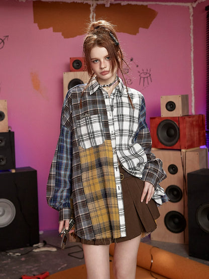 Oversize Patchwork Plaid Shirt NA3217