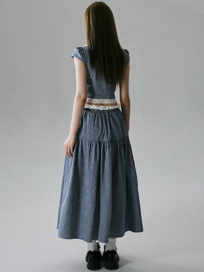 Lace-Trim Short Sleeve Shirt & Drawstring Skirt Setup NA8856