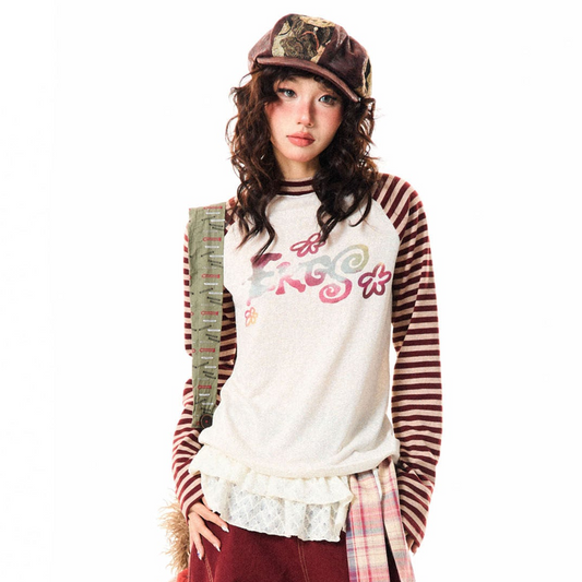 Stripe Raglan Graphic Print Long Sleeve T-Shirt NA9344