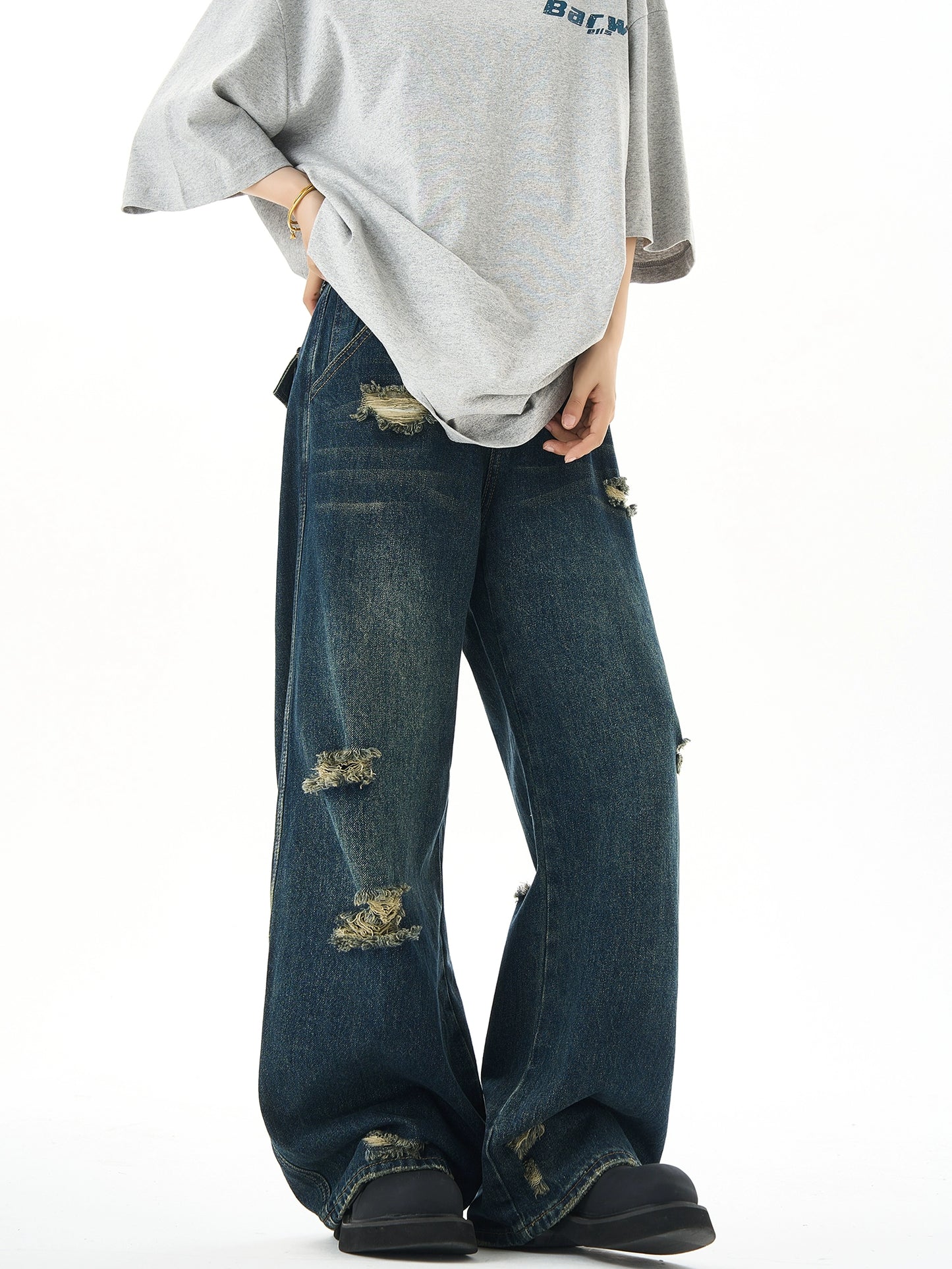 Washed Wide-Leg Straight Denim Jeans NA3057