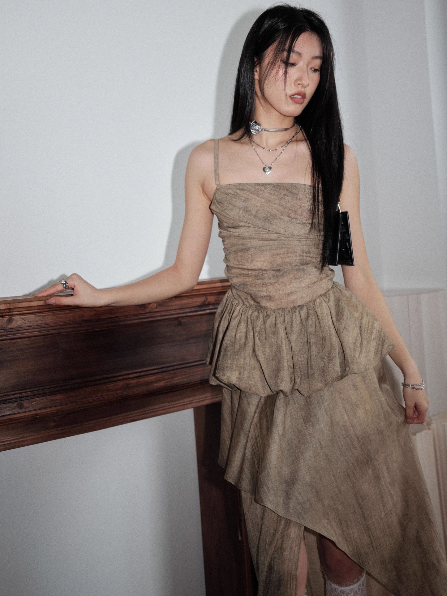 Pleated Lace Up Camisole & Skirt With Slits Setup NA5255