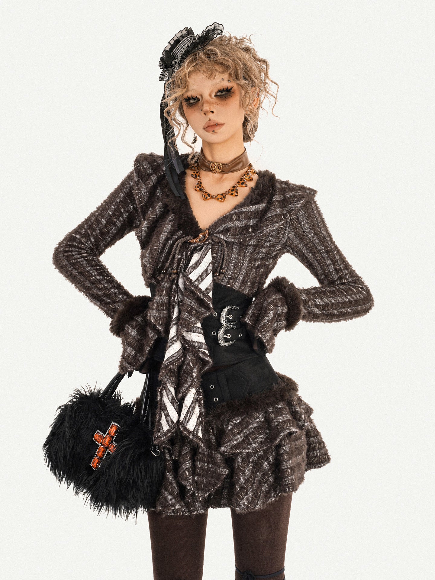 Original Design Patchwork Raw Edge Slim Long Sleeve Shirt & Skirt Setup NA8614