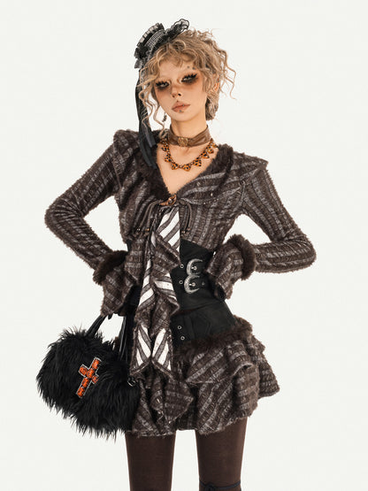 Original Design Patchwork Raw Edge Slim Long Sleeve Shirt & Skirt Setup NA8614