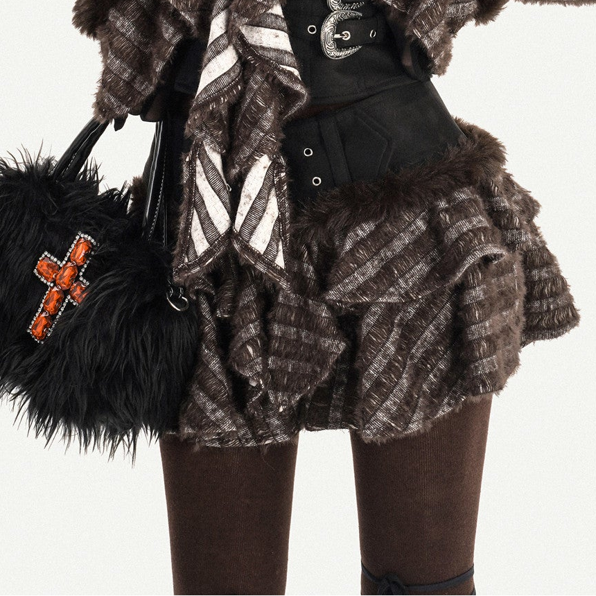 Original Design Patchwork Raw Edge Slim Long Sleeve Shirt & Skirt Setup NA8614