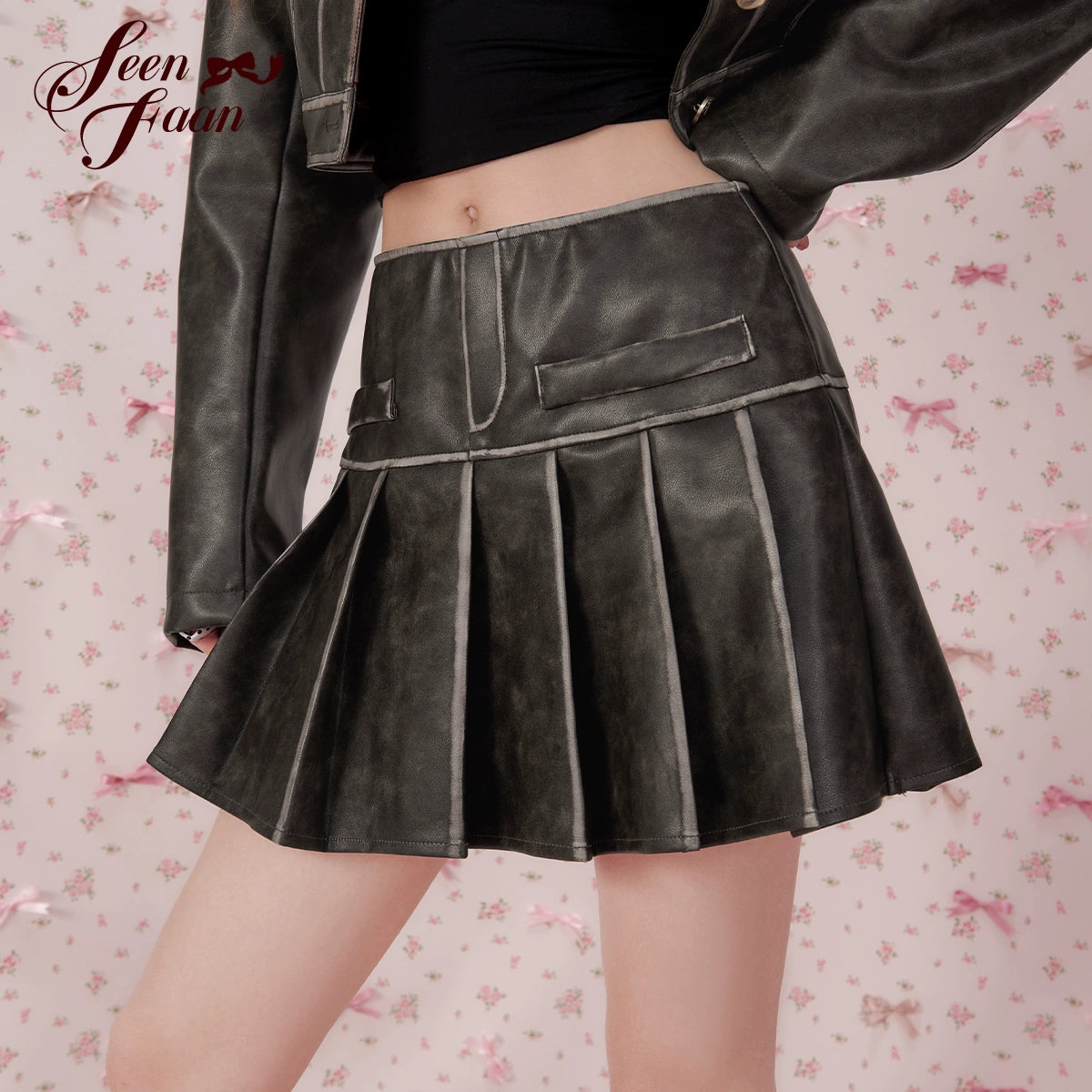 PU Leather Pleats Skirt & Long Sleeve Jacket Setup NA6846