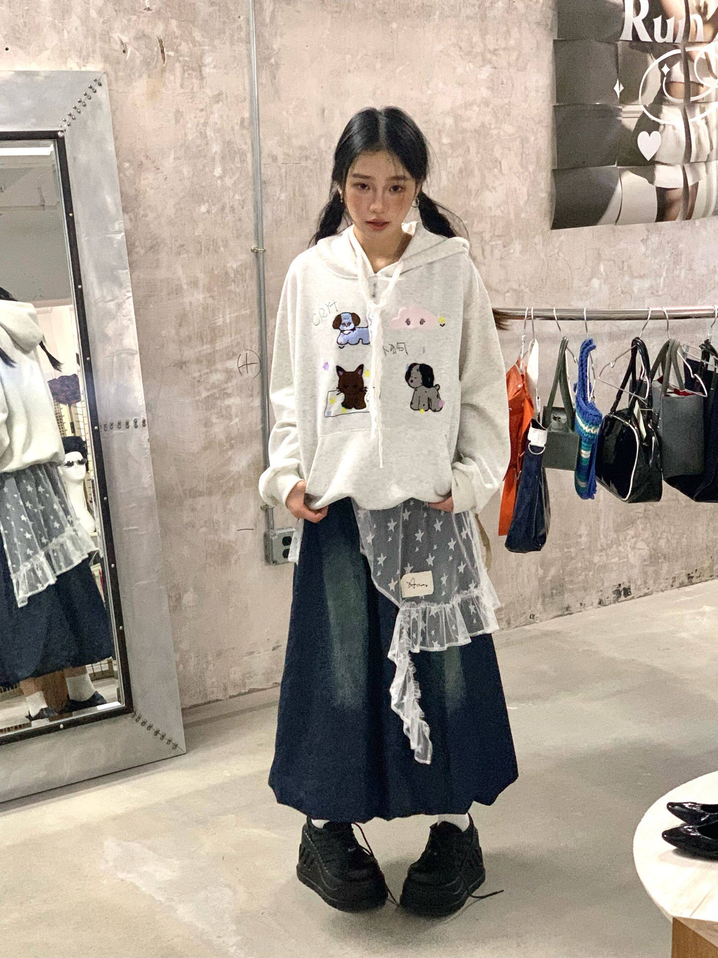 Lace Embroidery Dog Print Oversize Pullover Hoodie NA9270