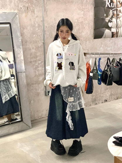 Lace Embroidery Dog Print Oversize Pullover Hoodie NA9270
