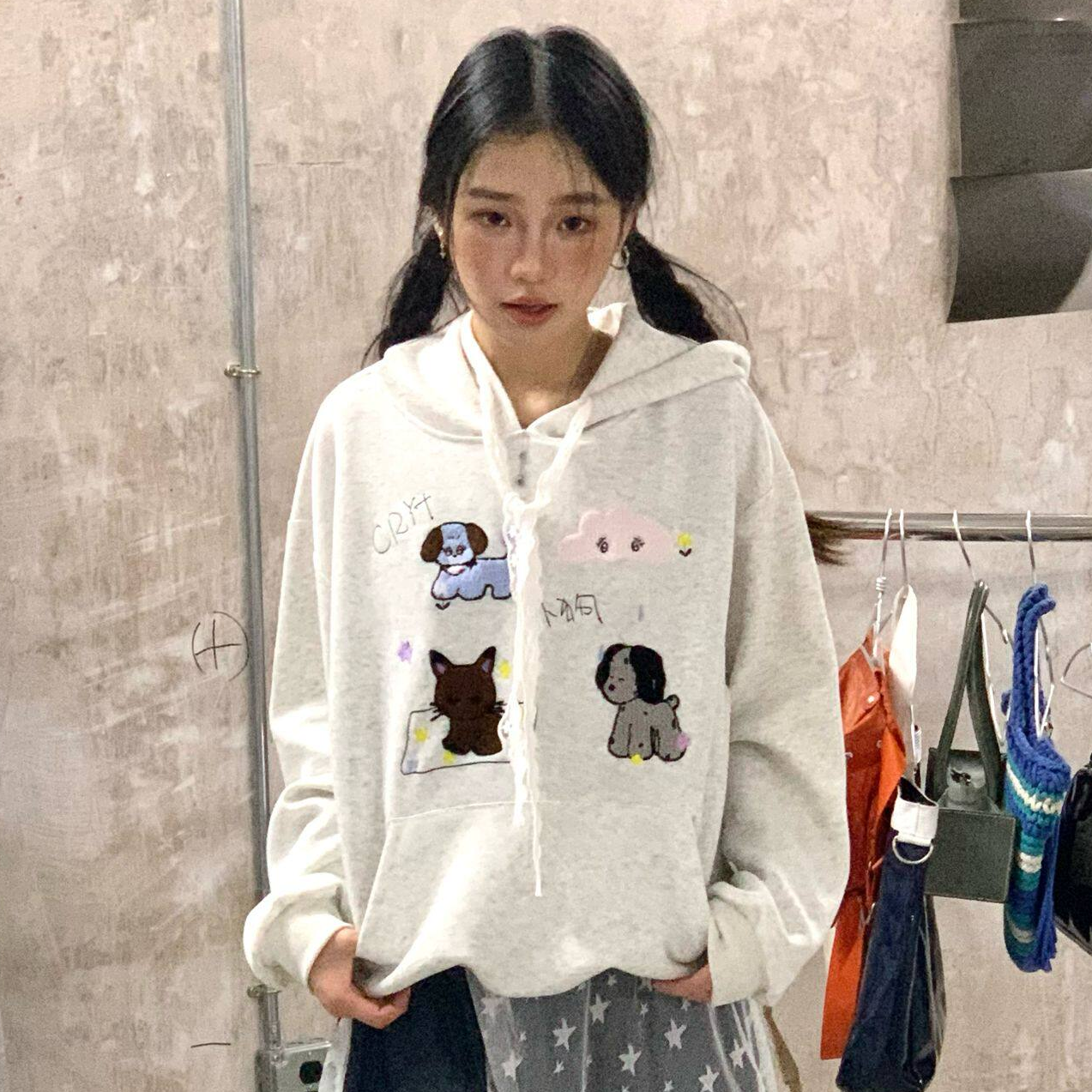 Lace Embroidery Dog Print Oversize Pullover Hoodie NA9270