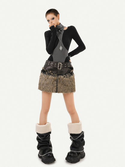 Reversible Fake Fur PU Leather Jacket & Skirt Setup NA8600