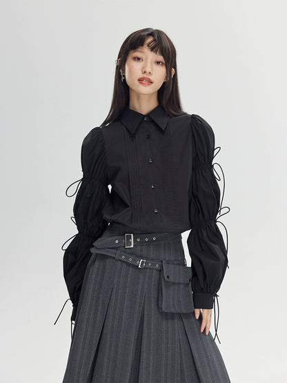 Lantern Sleeves Wrinkled Bow Shirt NA5350