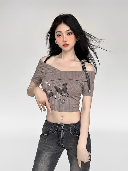 Butterfly Print Off Shoulder Slim Fit Short Sleeve T-Shirt NA4634