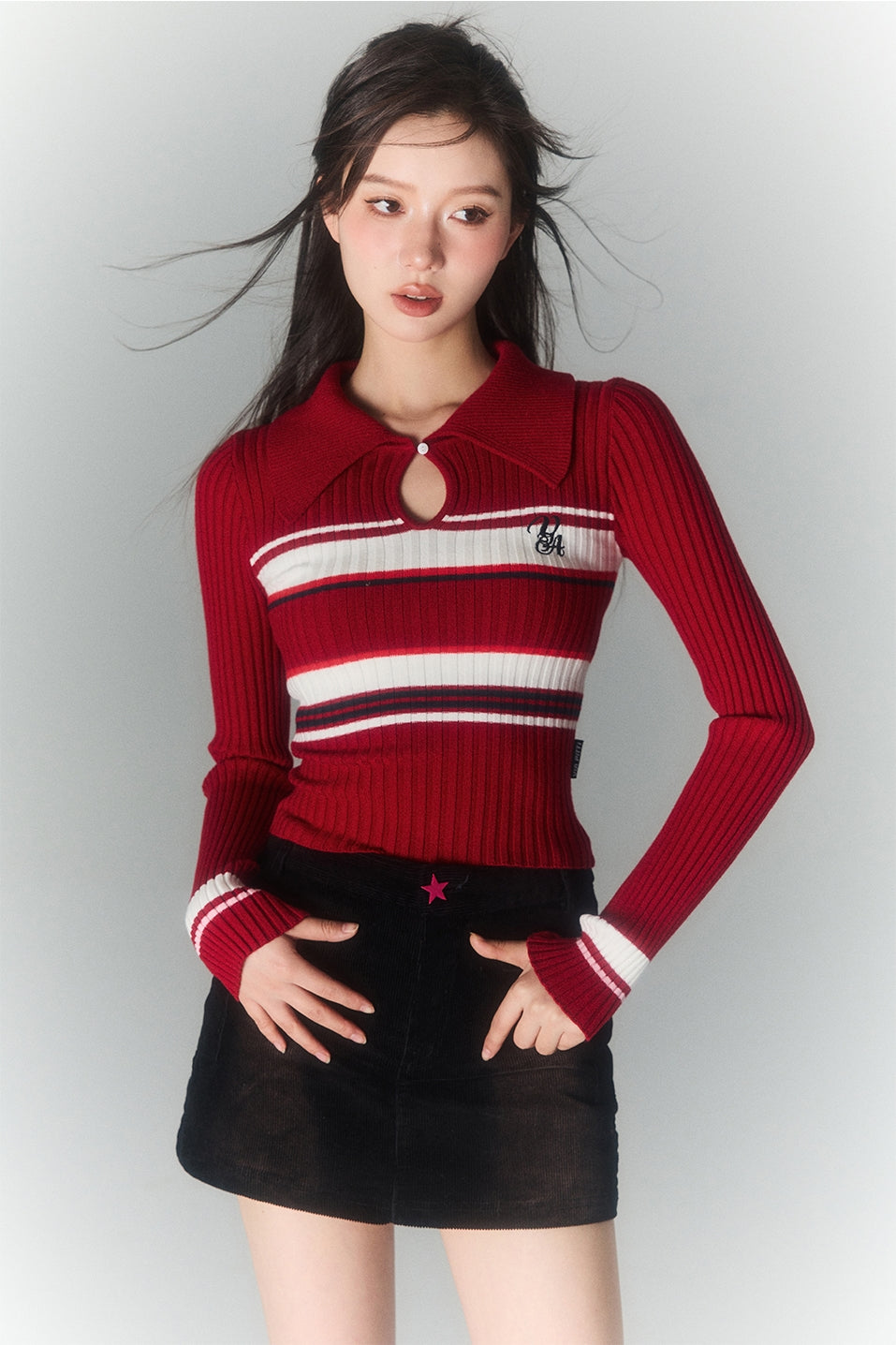 Polo Collar Striped Knit Sweater NA4918