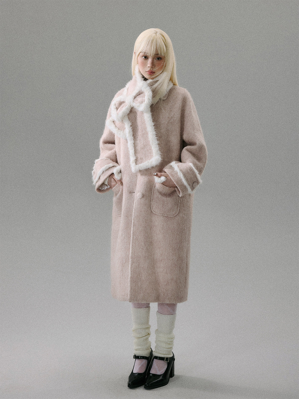 Cherry Blossom Tweed Water Ripple Bow Detachable Scarf Coat NA8818