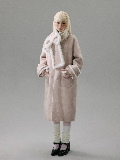 Cherry Blossom Tweed Water Ripple Bow Detachable Scarf Coat NA8818