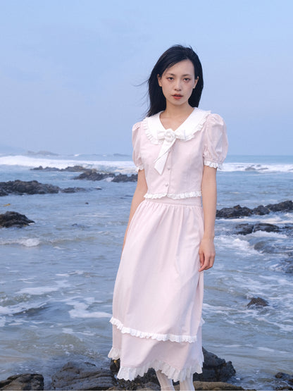 Lace Details Bow Blouse & Lace Trim Skirt Setup NA8851