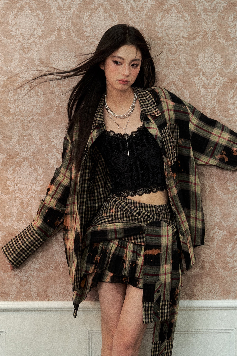 Patchwork Plaid Shirt & Patchwork Plaid Skirt Setup NA4721