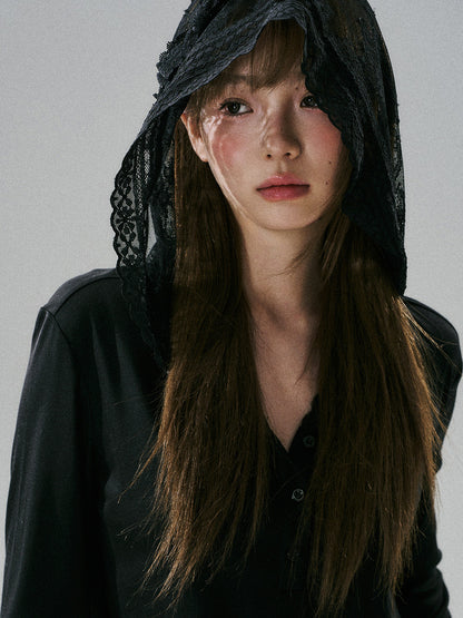 Lace Bow Hooded Long Sleeve Lyocell Shirt NA8815