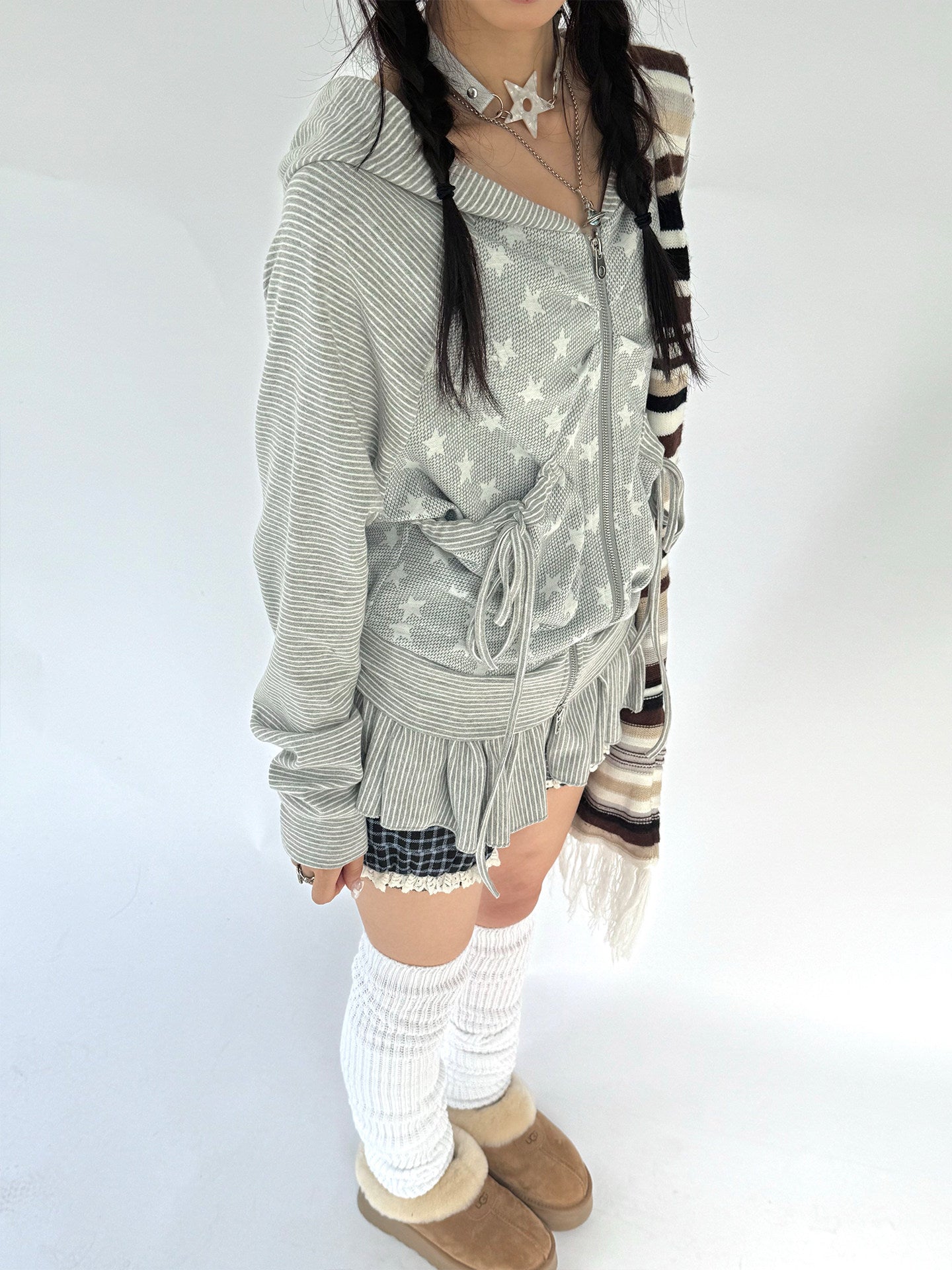 Striped Patchwork Hooded Drawstring Ruffle Jacket & Skirt Setup NA9266