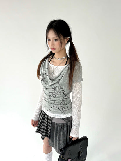 Fake Layered Draped Print Long Sleeve T-Shirt NA9242