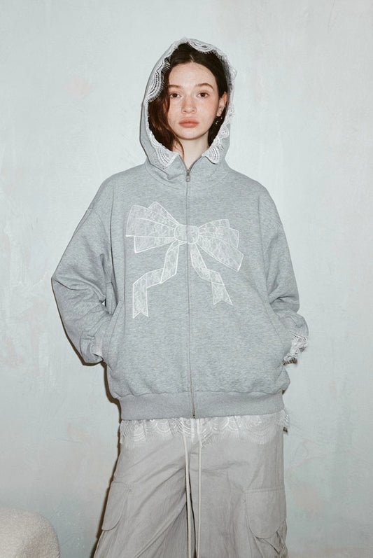 Bow Print Long Sleeve Zipper Hoodie NA5424