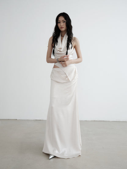 Pearl White Pleated Hanging Neck Camisole & Long Skirt Setup NA5225