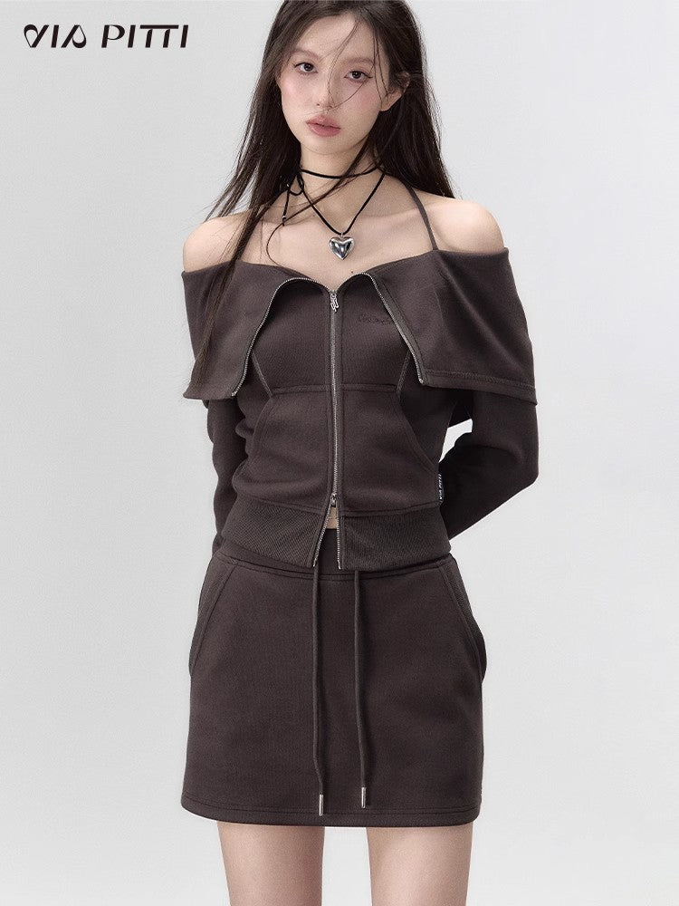 Hanging Neck Zipper Sweatshirt & Short Skirt Setup NA4736