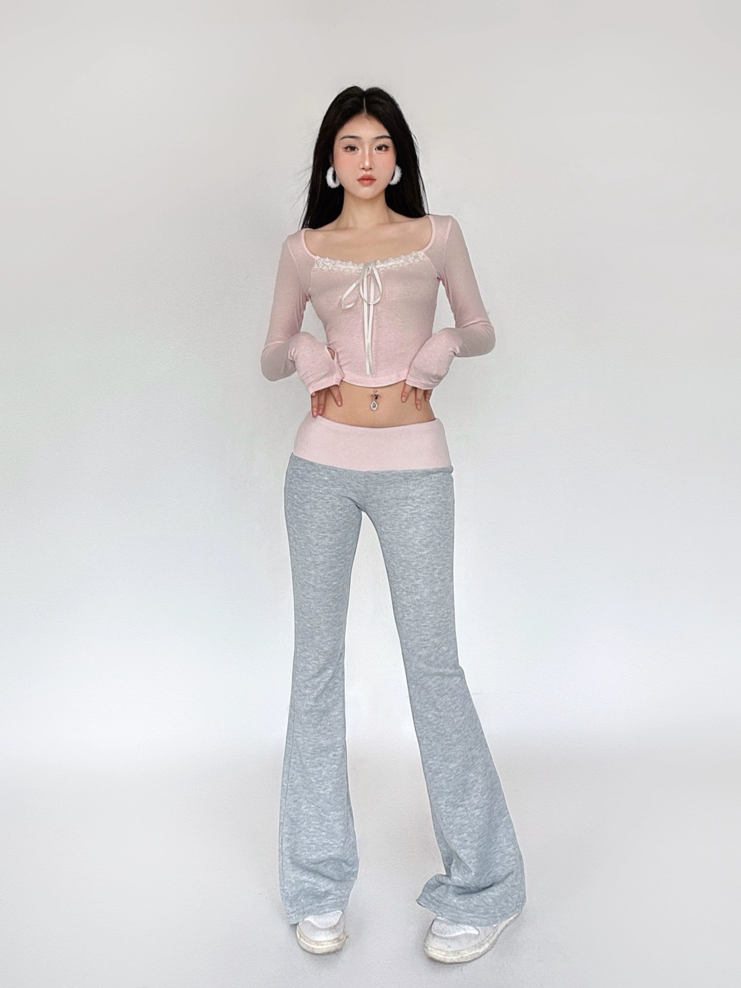 Cropped Lace Spliced Square Neck Long Sleeve T-shirt NA4553