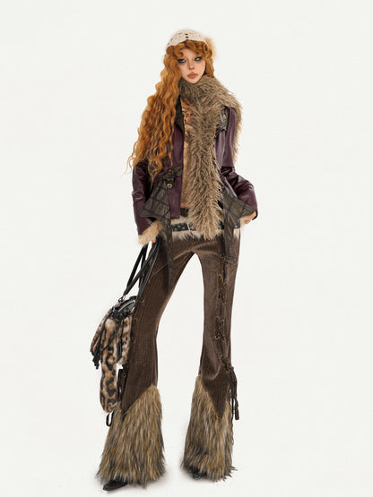 Corduroy Patchwork Fake Fur Lace-Up Slimming Pants NA8621