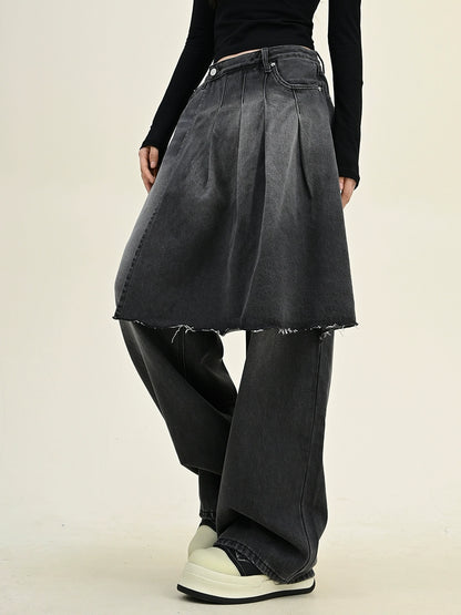 Wide-leg Fake Layered Skirt Denim Jeans NA6275