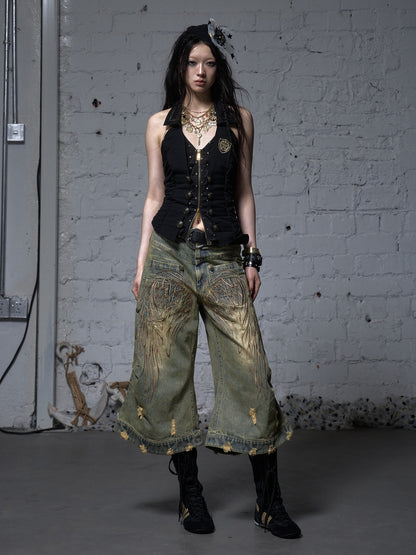 Embroidery Wing Washed Wide Leg Denim Half Jeans NA8970