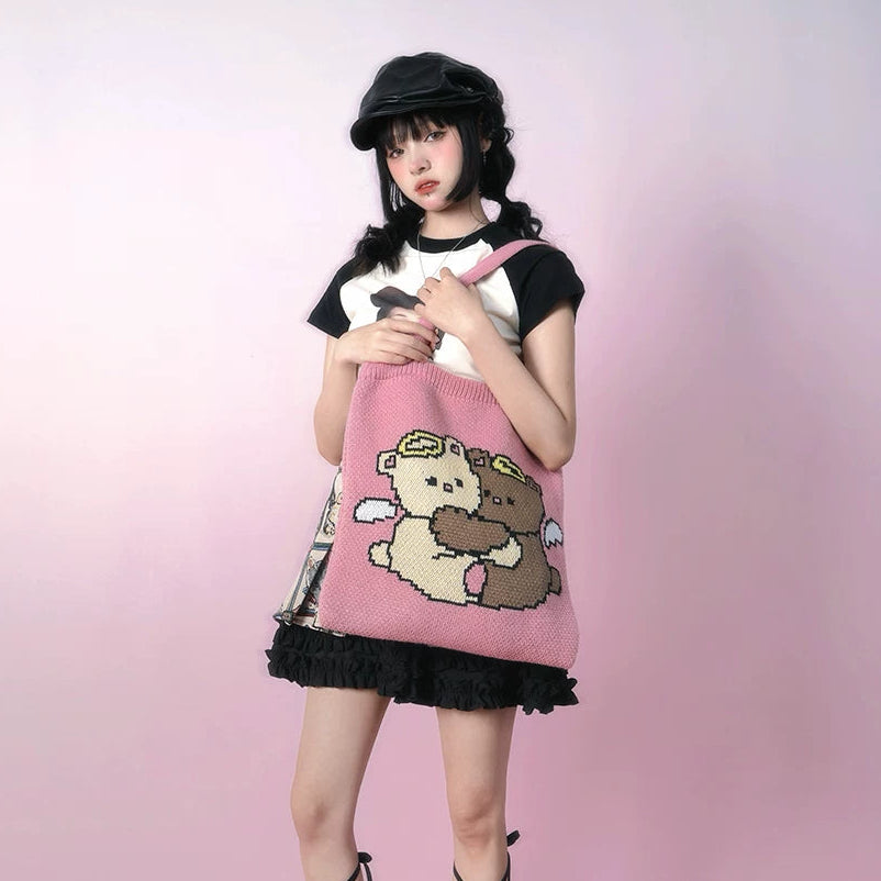Angel Bear Jacquard Knit Tote Bag NA8274