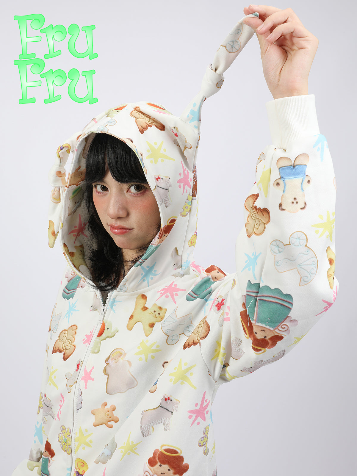 Cookie Print Rabbit Ear Zipper Hoodie NA6570