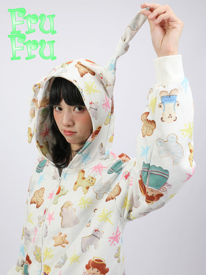 Cookie Print Rabbit Ear Zipper Hoodie NA6570