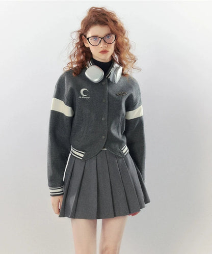 Wool Blend Short Baseball Jacket & Short Pleats Skirt Setup NA5673