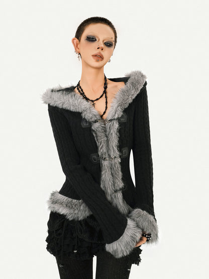 Hooded Fur Collar Fitted Knit Cardigan NA8594