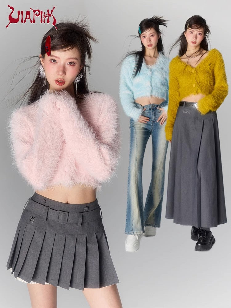 Cropped Furry Knit V-neck Cardigan NA4808