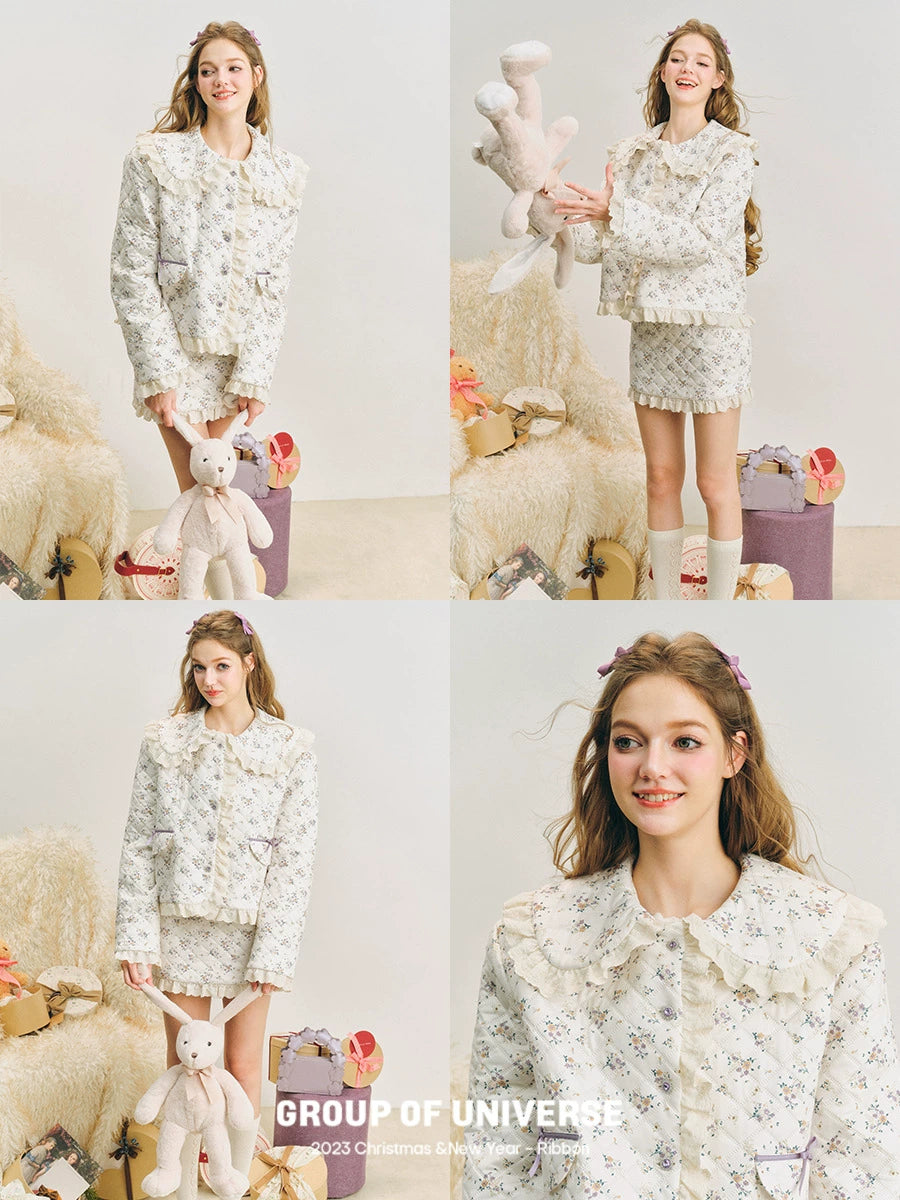 Lace Quilted Cotton Jacket & Short Skirt Setup  NA5901