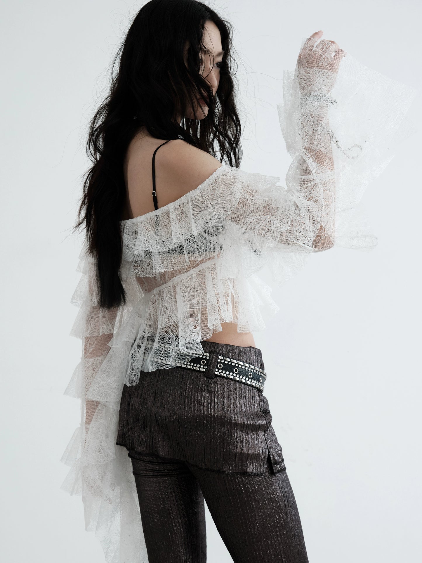 See-Through Asymmetry Ruffle Lace Blouse NA5219