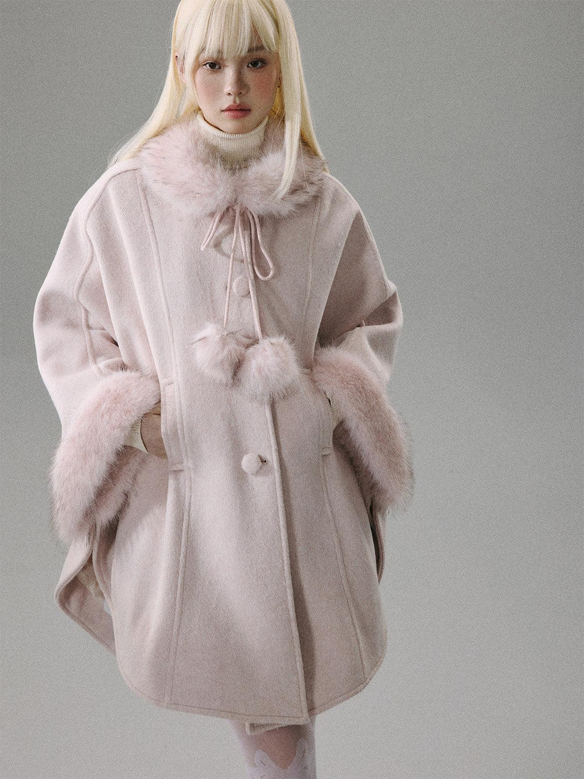 Sweet Girl Pink Long Hair Tweed Cape Coat NA8806