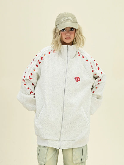 Floral Embroidery Fleece-Linning Zipper Sweatshirt NA6411